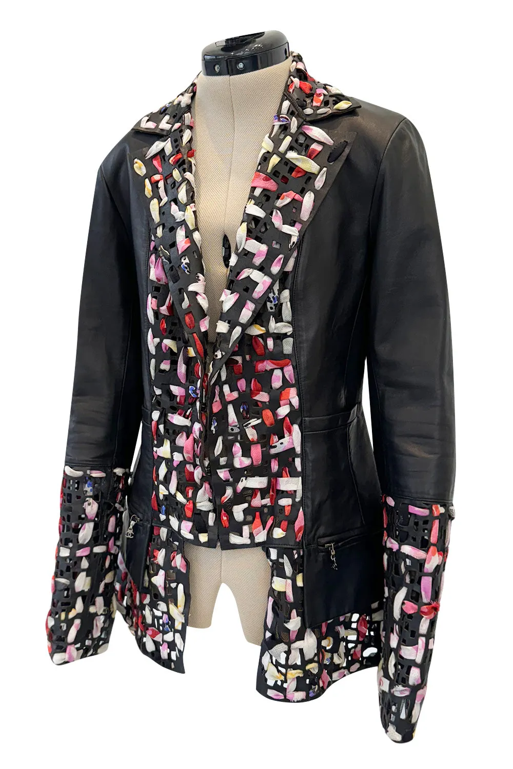 Fantastic Spring 2011 Chanel by Karl Lagerfeld Runway Look 48 Leather Jacket w Floral Silk Detailing