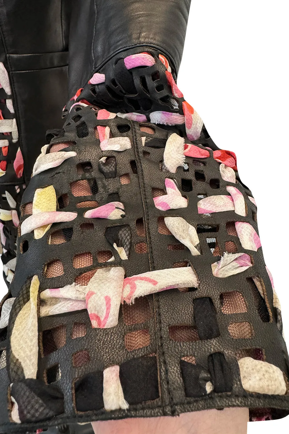 Fantastic Spring 2011 Chanel by Karl Lagerfeld Runway Look 48 Leather Jacket w Floral Silk Detailing