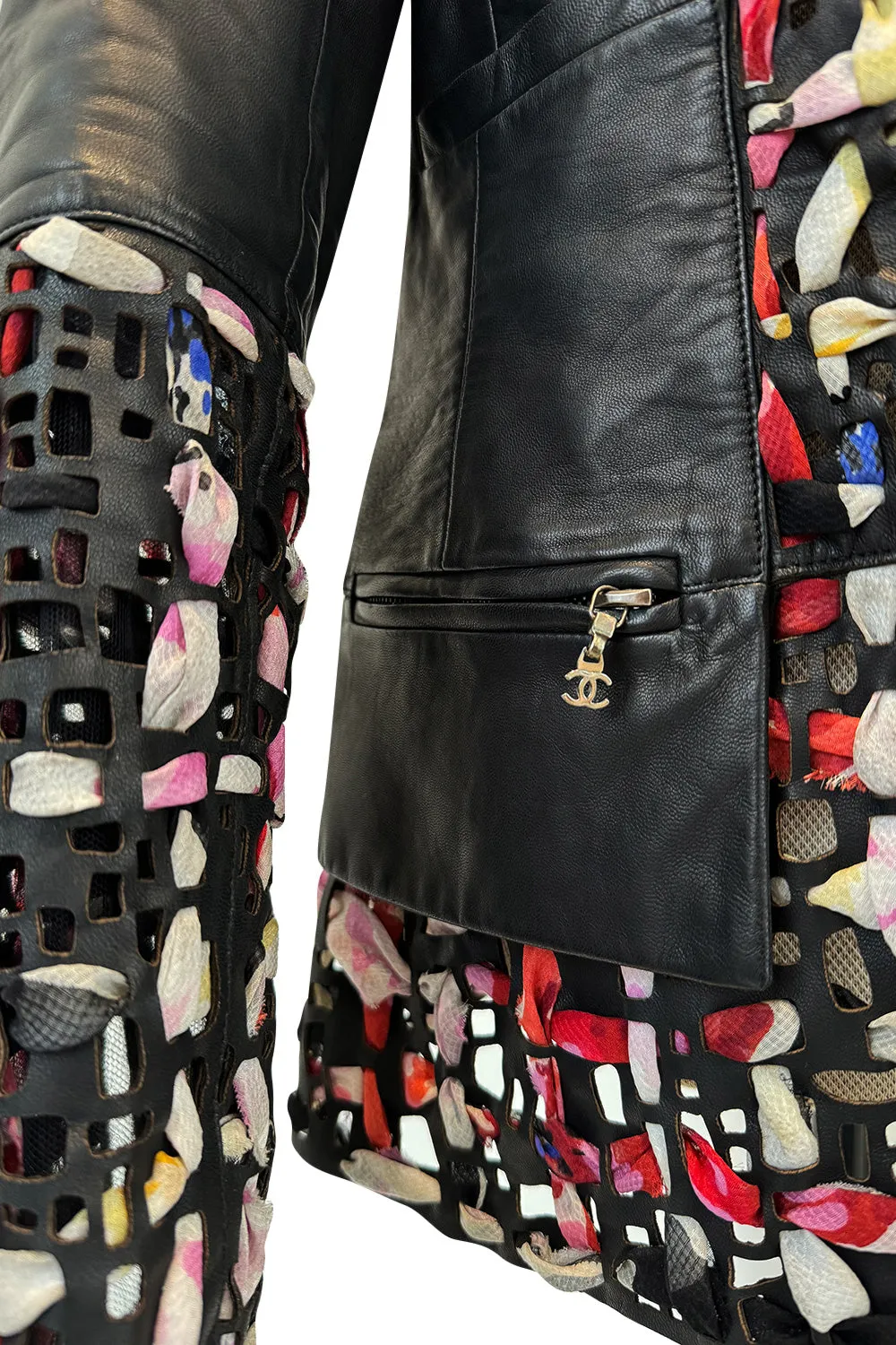 Fantastic Spring 2011 Chanel by Karl Lagerfeld Runway Look 48 Leather Jacket w Floral Silk Detailing