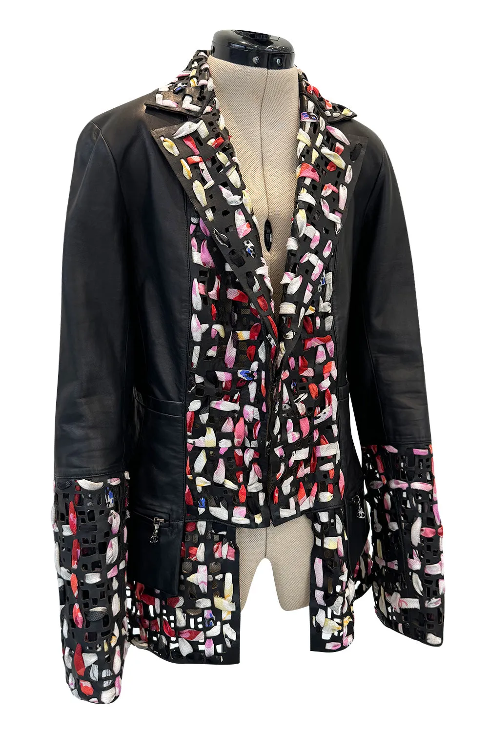 Fantastic Spring 2011 Chanel by Karl Lagerfeld Runway Look 48 Leather Jacket w Floral Silk Detailing