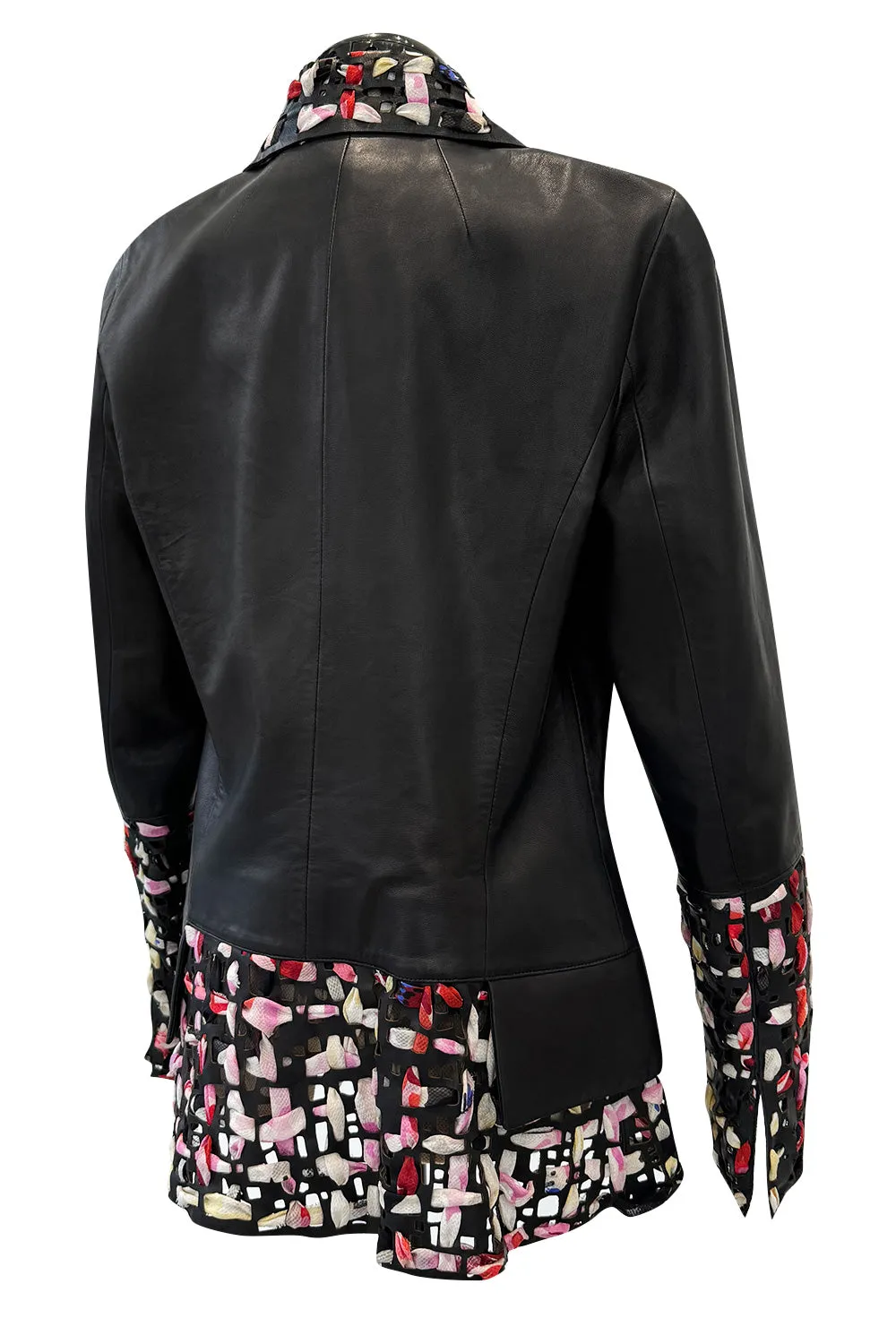 Fantastic Spring 2011 Chanel by Karl Lagerfeld Runway Look 48 Leather Jacket w Floral Silk Detailing
