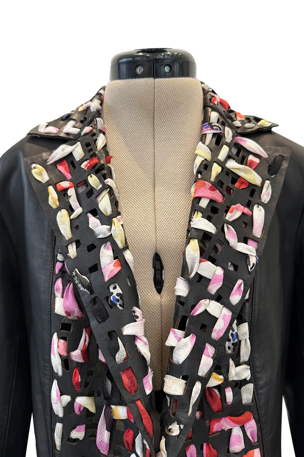 Fantastic Spring 2011 Chanel by Karl Lagerfeld Runway Look 48 Leather Jacket w Floral Silk Detailing