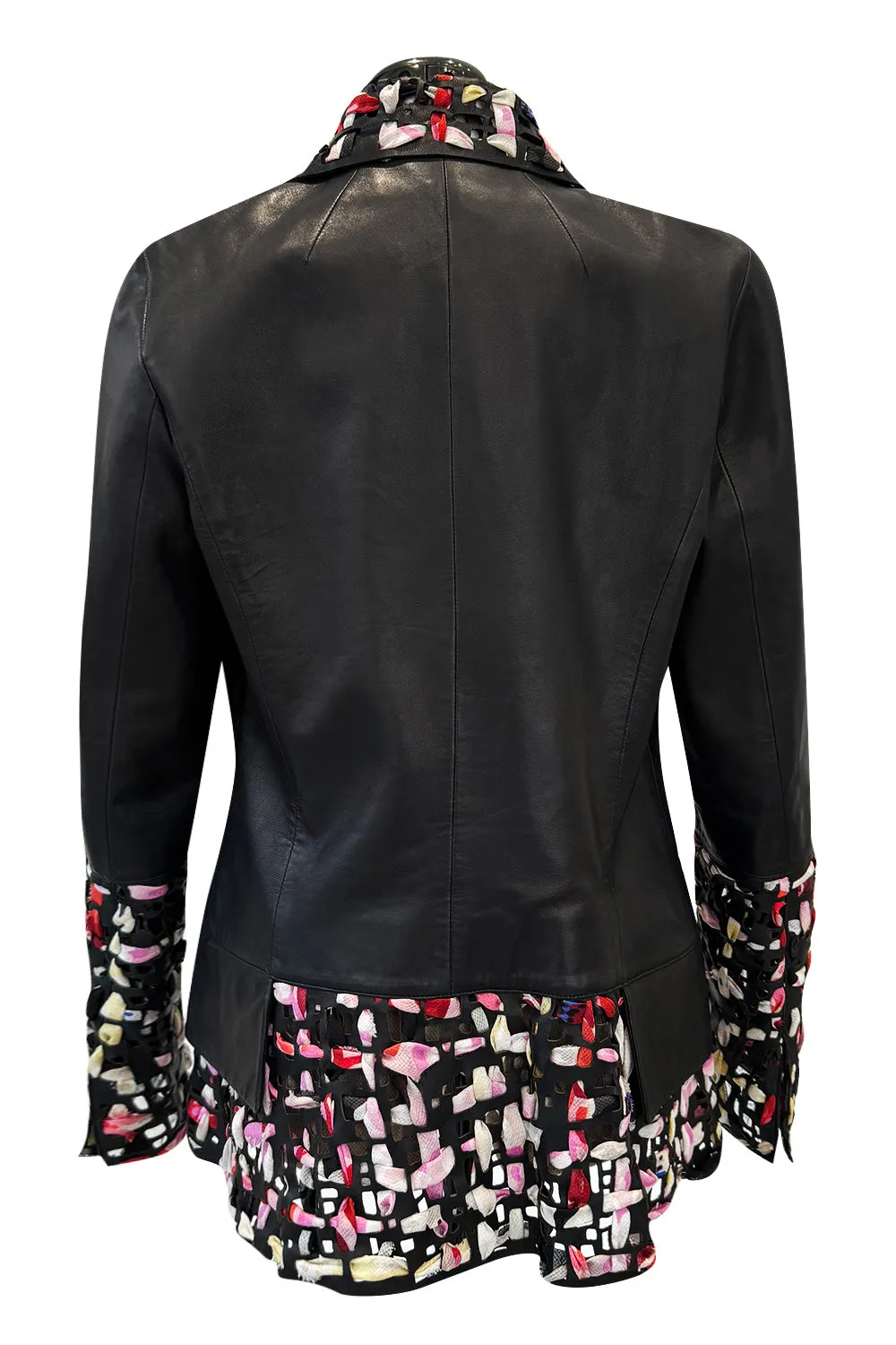 Fantastic Spring 2011 Chanel by Karl Lagerfeld Runway Look 48 Leather Jacket w Floral Silk Detailing