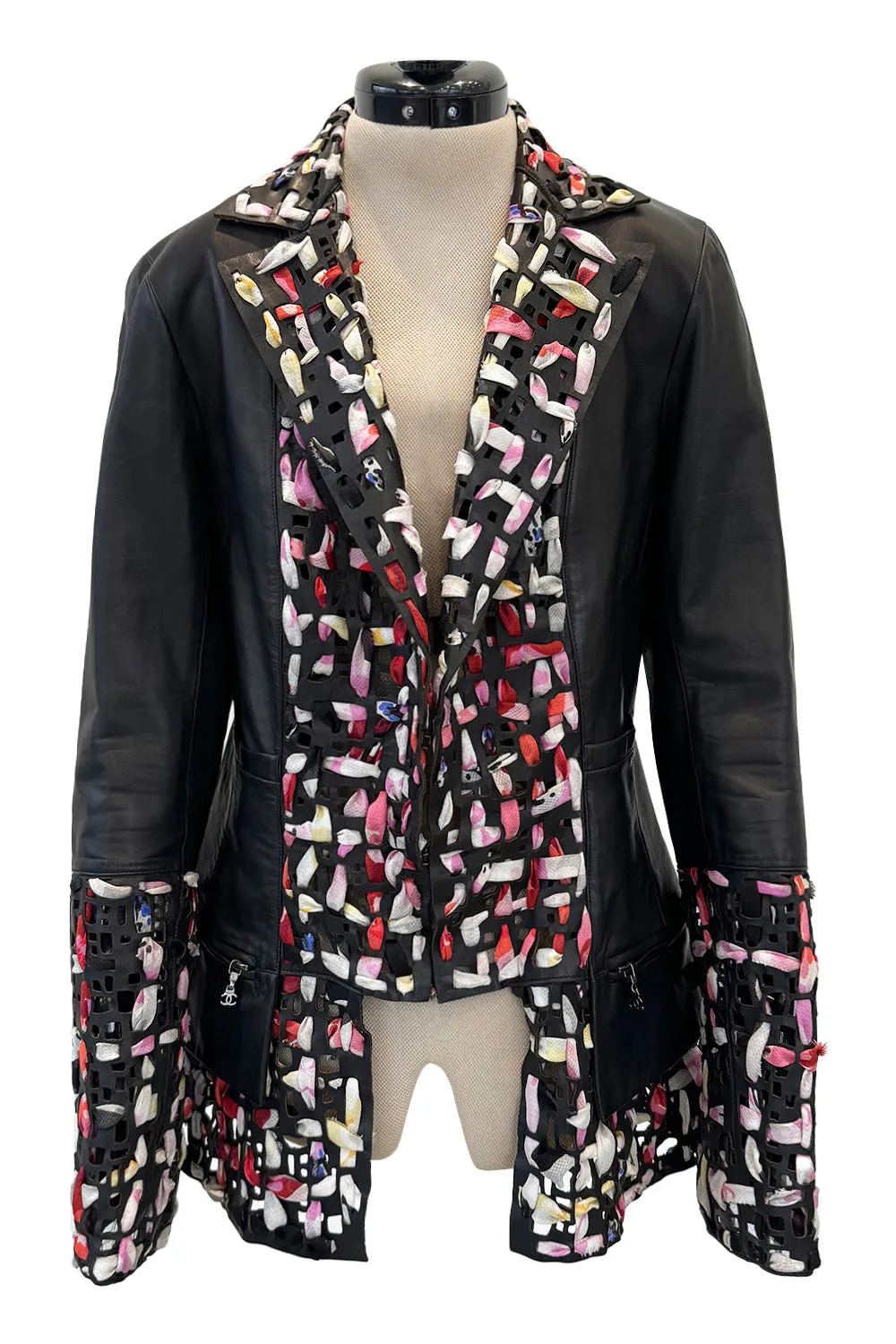 Fantastic Spring 2011 Chanel by Karl Lagerfeld Runway Look 48 Leather Jacket w Floral Silk Detailing