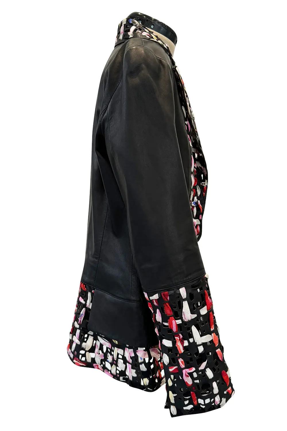 Fantastic Spring 2011 Chanel by Karl Lagerfeld Runway Look 48 Leather Jacket w Floral Silk Detailing