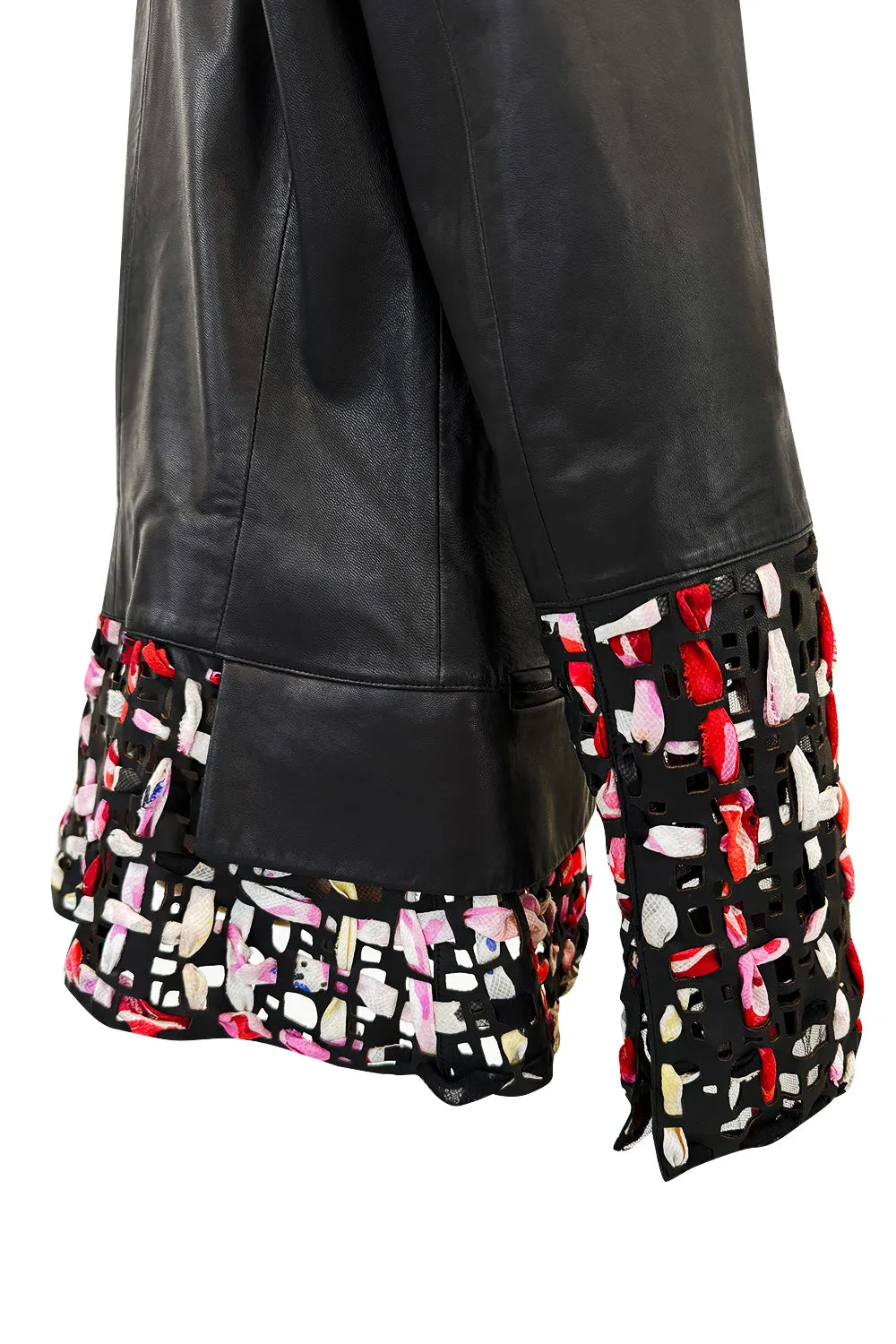 Fantastic Spring 2011 Chanel by Karl Lagerfeld Runway Look 48 Leather Jacket w Floral Silk Detailing