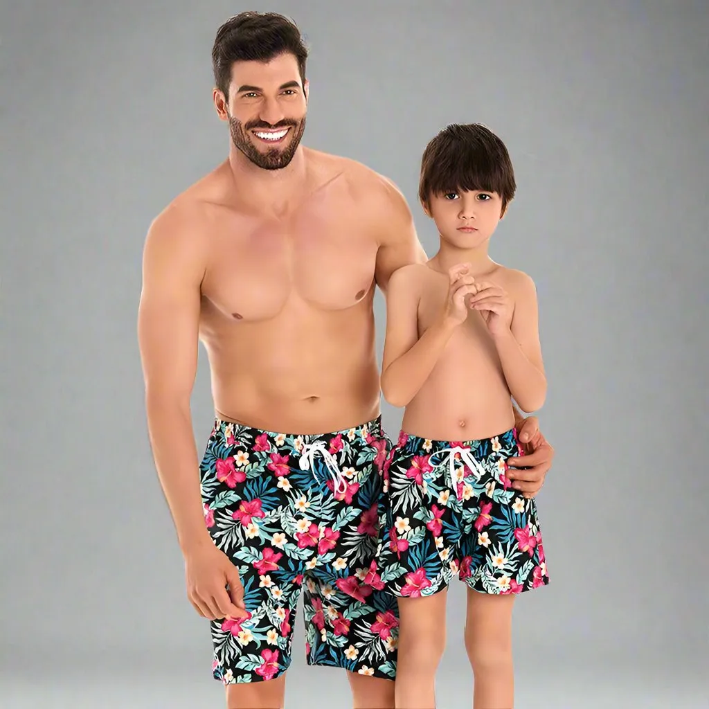 Father and Son Matching Swim Trunks - Tropical Floral Print Family Swimwear