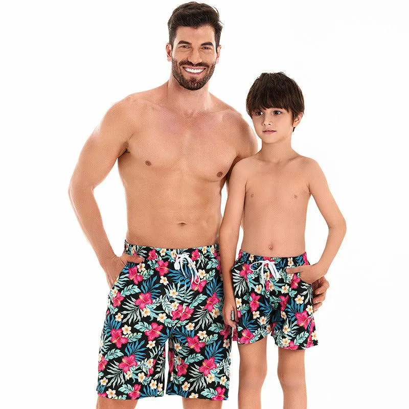 Father and Son Matching Swim Trunks - Tropical Floral Print Family Swimwear