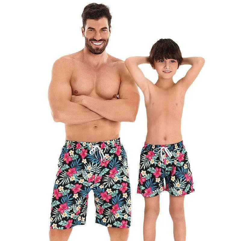 Father and Son Matching Swim Trunks - Tropical Floral Print Family Swimwear