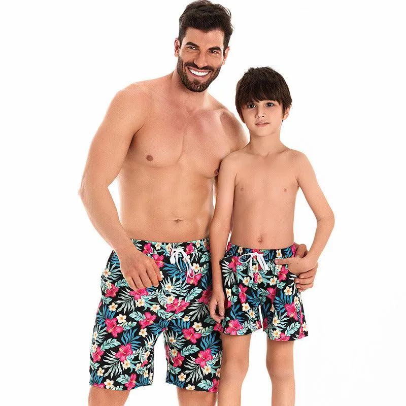 Father and Son Matching Swim Trunks - Tropical Floral Print Family Swimwear