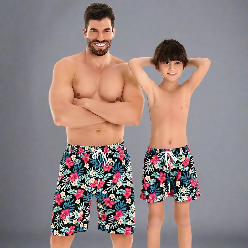 Father and Son Matching Swim Trunks - Tropical Floral Print Family Swimwear