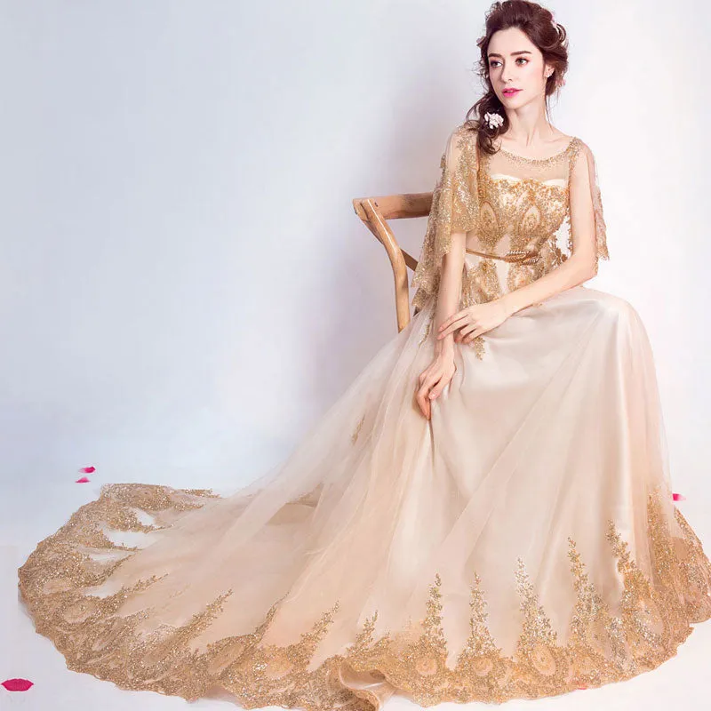 [Final Sale] Luxury Cloak Gold Evening Prom Dress