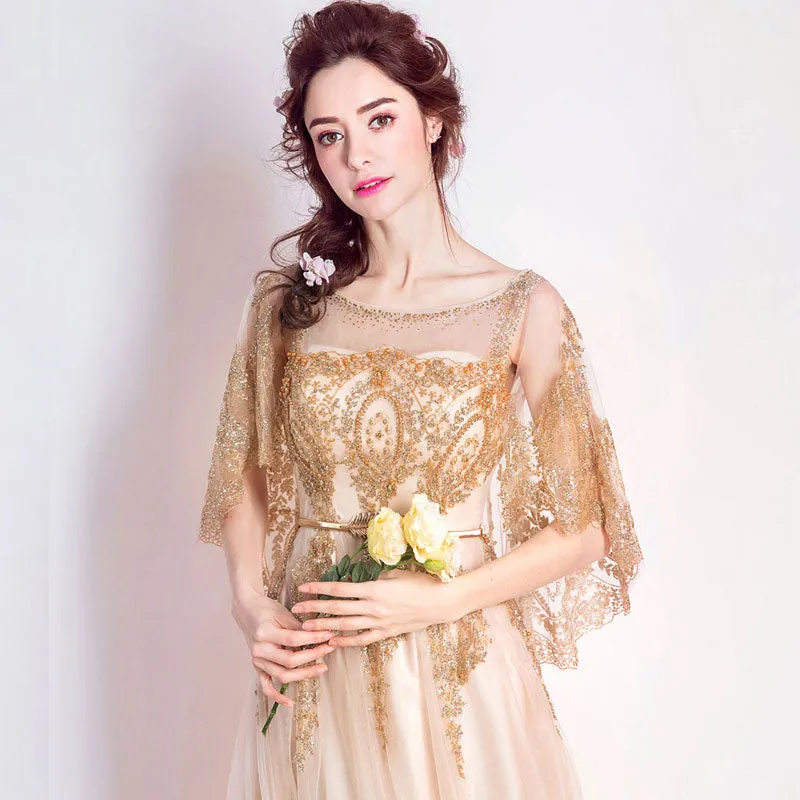 [Final Sale] Luxury Cloak Gold Evening Prom Dress