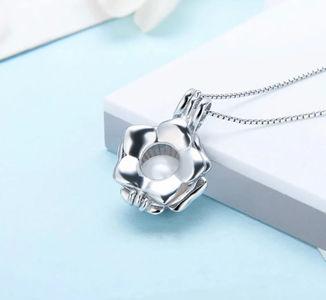 Flower Bloom Sterling Silver Cage Necklace Set