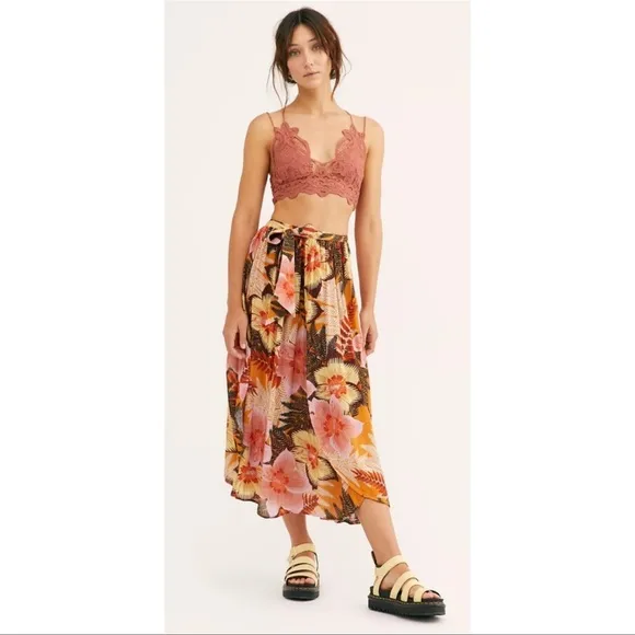 Free People Hot to Trot High Waist Tropical Printed MIDI Skirt With Slit
