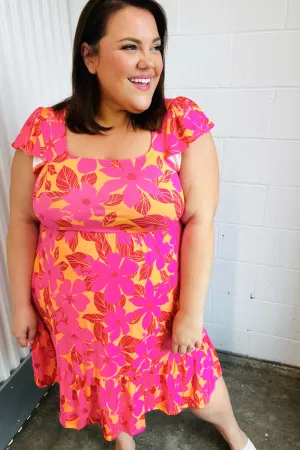 Fuchsia & Orange Tropical Floral Square Neck Dress