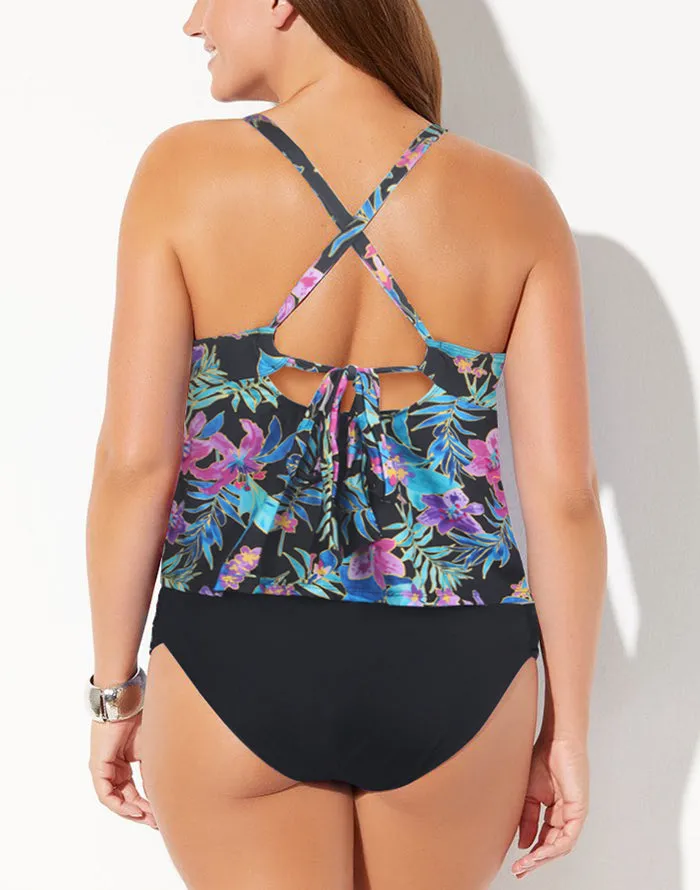 FULLFITALL - Neon Tropical Scarf X-Back Tankini Set