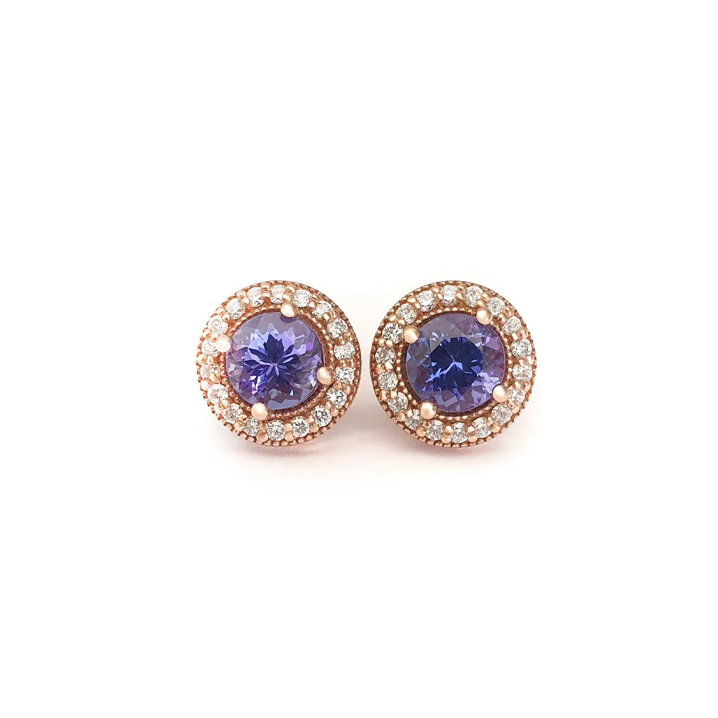 Glam Diamond Halo Round Cut Tanzanite Rose Gold Studs