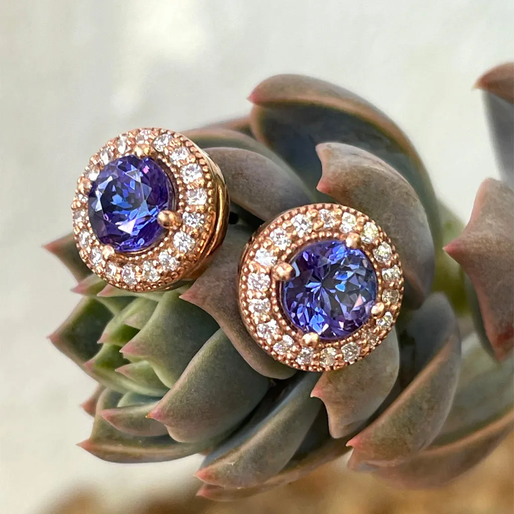 Glam Diamond Halo Round Cut Tanzanite Rose Gold Studs