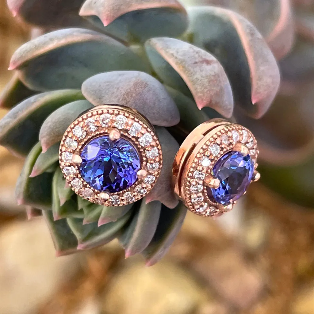 Glam Diamond Halo Round Cut Tanzanite Rose Gold Studs