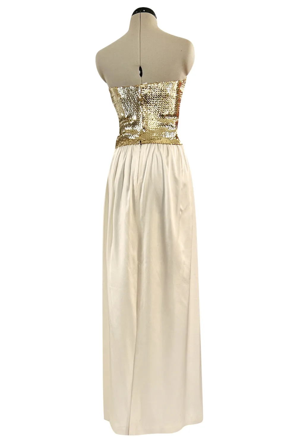 Glamorous 1976 Loris Azzaro Couture Strapless Metallic Gold Sequin & Silk Satin Dress