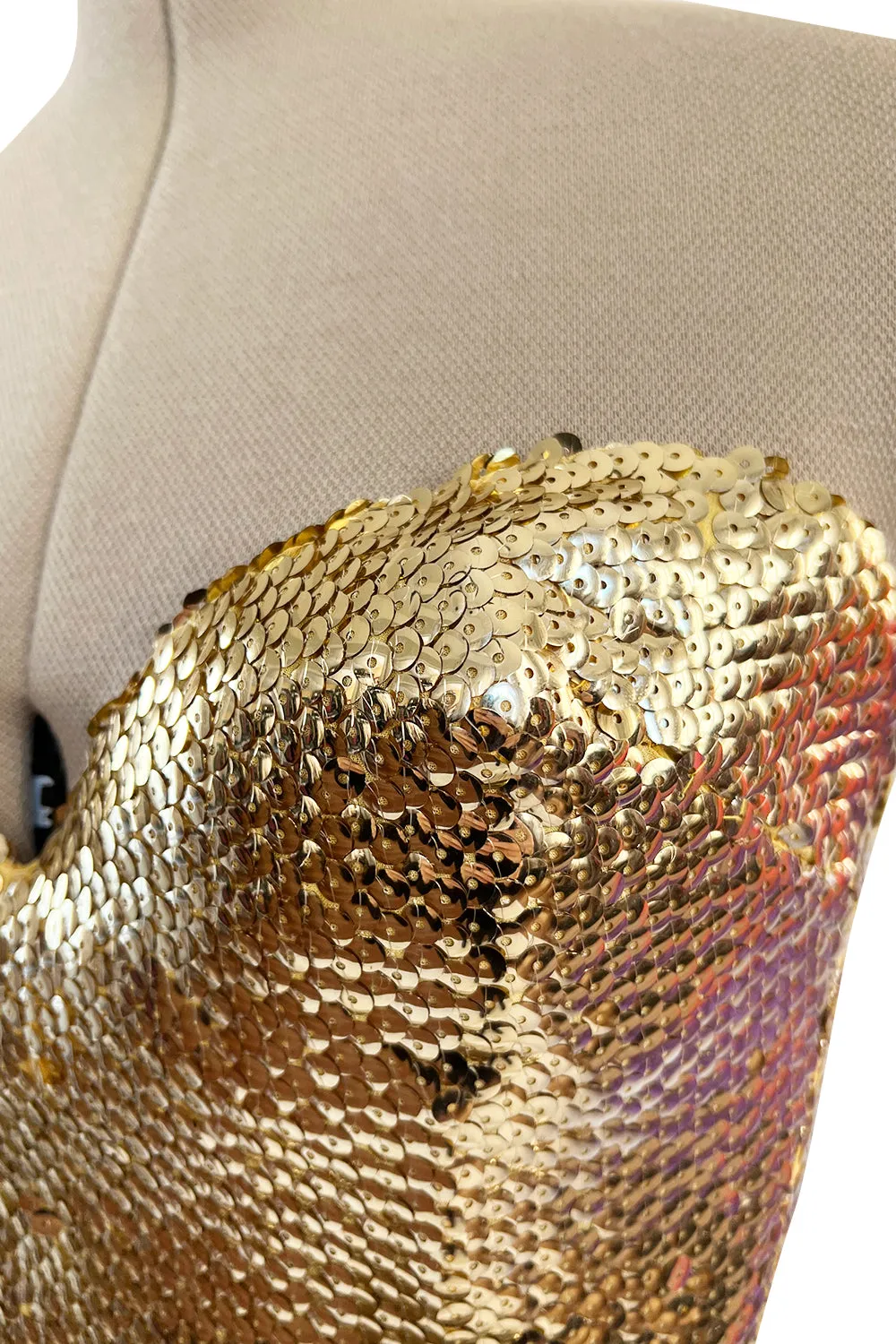 Glamorous 1976 Loris Azzaro Couture Strapless Metallic Gold Sequin & Silk Satin Dress