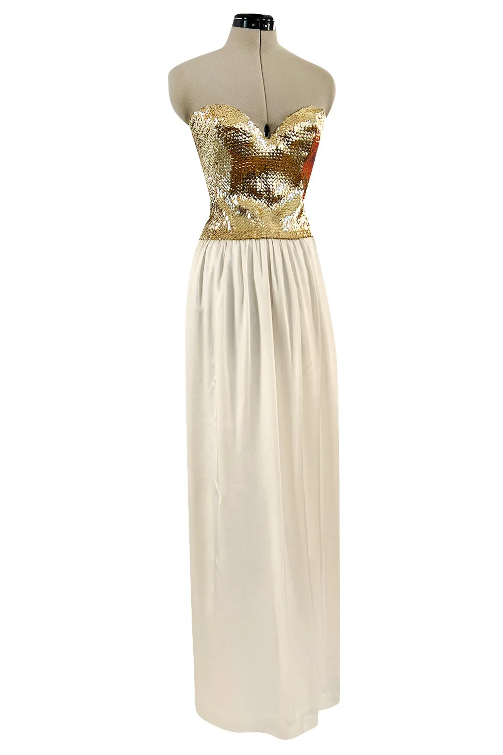 Glamorous 1976 Loris Azzaro Couture Strapless Metallic Gold Sequin & Silk Satin Dress