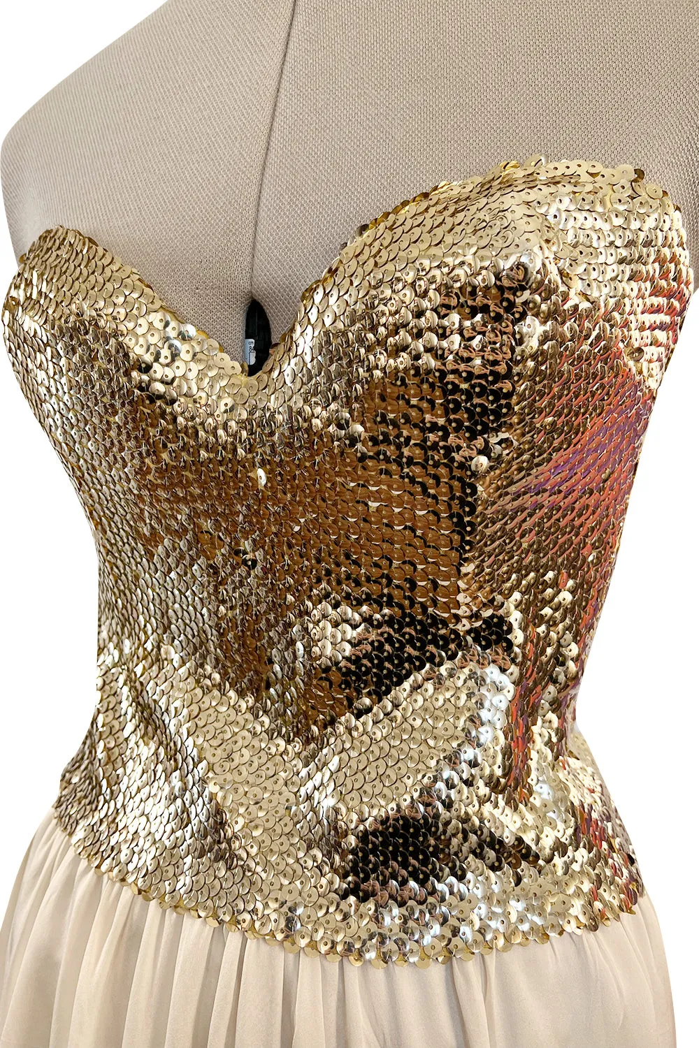 Glamorous 1976 Loris Azzaro Couture Strapless Metallic Gold Sequin & Silk Satin Dress