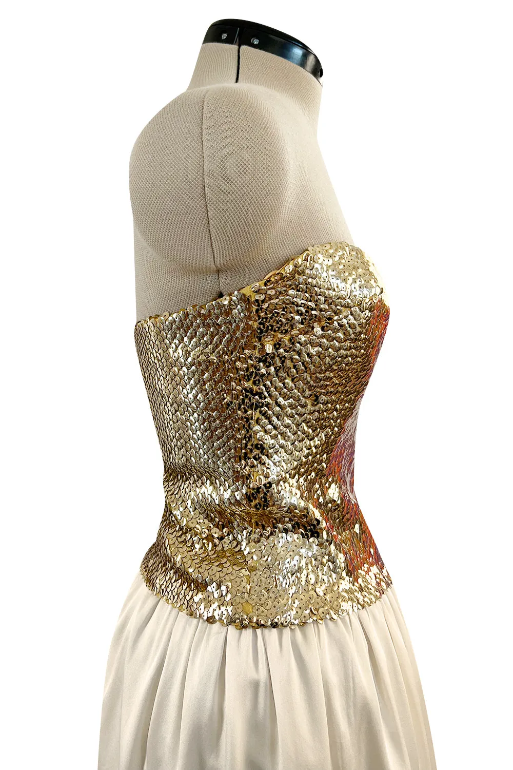 Glamorous 1976 Loris Azzaro Couture Strapless Metallic Gold Sequin & Silk Satin Dress