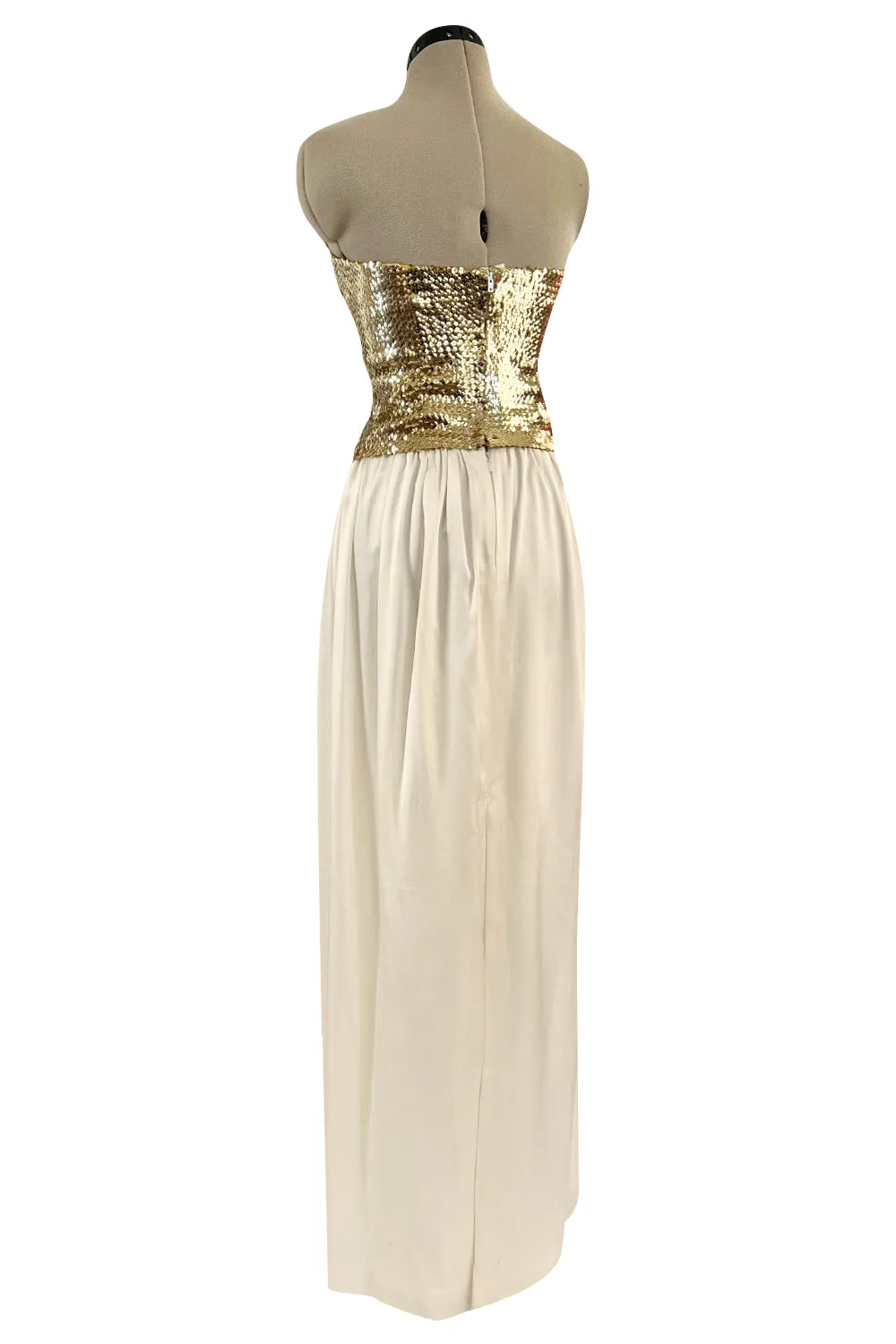 Glamorous 1976 Loris Azzaro Couture Strapless Metallic Gold Sequin & Silk Satin Dress