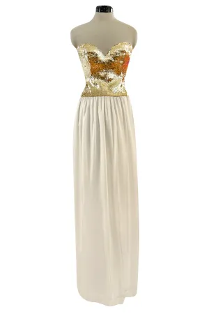 Glamorous 1976 Loris Azzaro Couture Strapless Metallic Gold Sequin & Silk Satin Dress