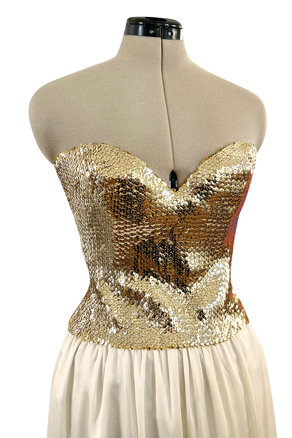 Glamorous 1976 Loris Azzaro Couture Strapless Metallic Gold Sequin & Silk Satin Dress