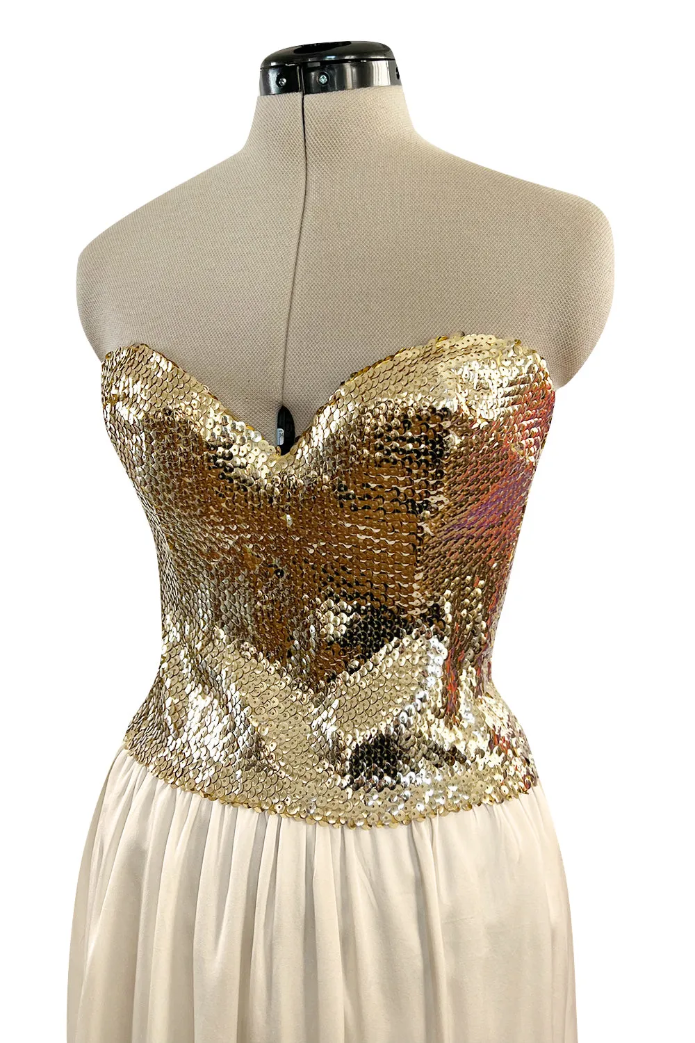 Glamorous 1976 Loris Azzaro Couture Strapless Metallic Gold Sequin & Silk Satin Dress