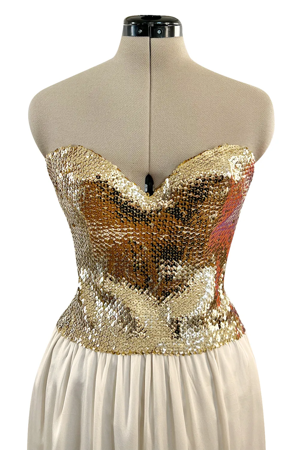 Glamorous 1976 Loris Azzaro Couture Strapless Metallic Gold Sequin & Silk Satin Dress