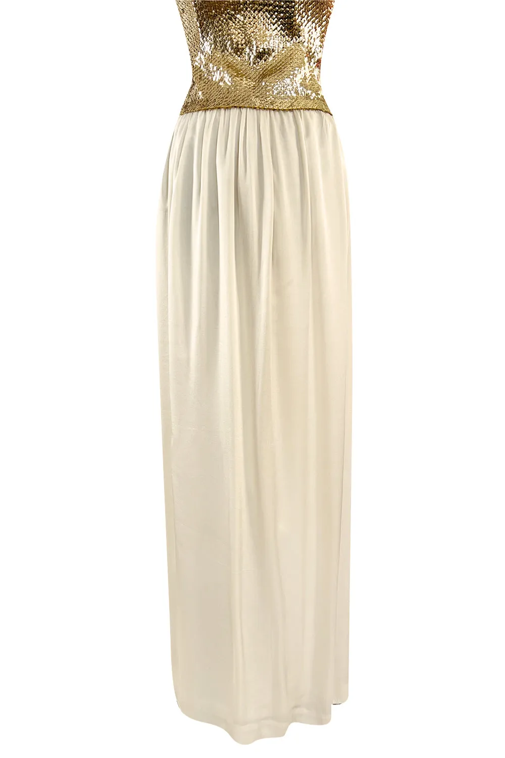 Glamorous 1976 Loris Azzaro Couture Strapless Metallic Gold Sequin & Silk Satin Dress
