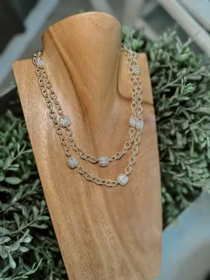 Gold double Link with small square pave stone necklace