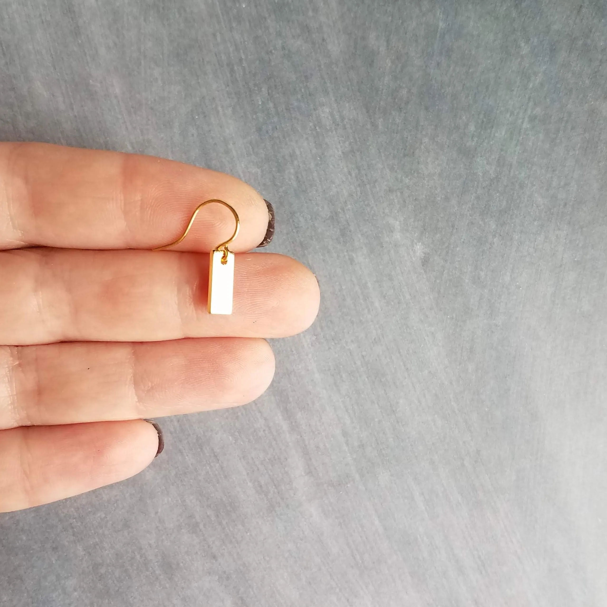 Gold Tag Earrings, small gold rectangle tag, gold bar earring, 14K SOLID GOLD hook opt, small bar earring, flat gold bar dainty