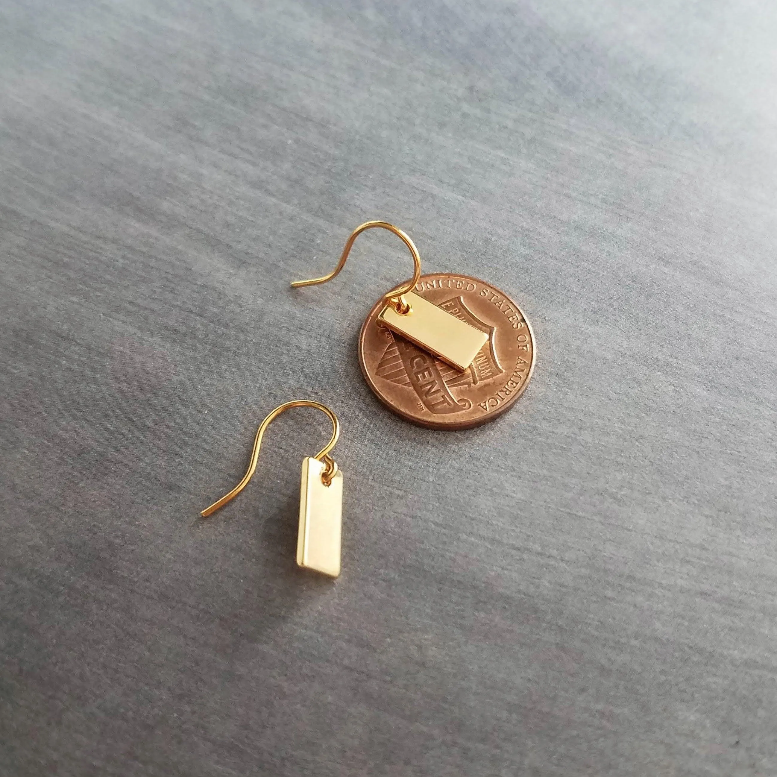Gold Tag Earrings, small gold rectangle tag, gold bar earring, 14K SOLID GOLD hook opt, small bar earring, flat gold bar dainty