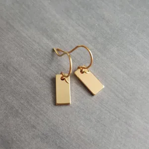 Gold Tag Earrings, small gold rectangle tag, gold bar earring, 14K SOLID GOLD hook opt, small bar earring, flat gold bar dainty
