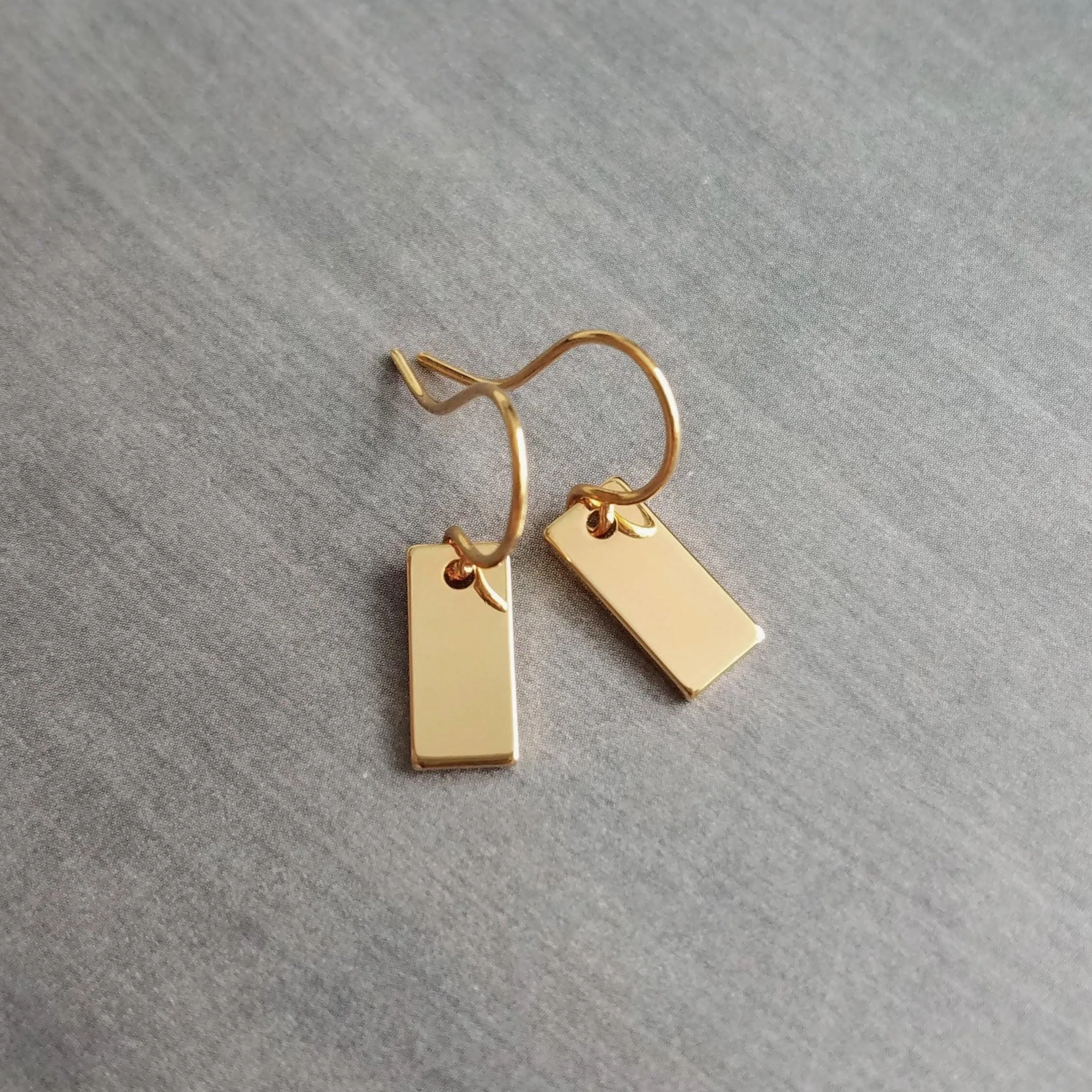 Gold Tag Earrings, small gold rectangle tag, gold bar earring, 14K SOLID GOLD hook opt, small bar earring, flat gold bar dainty