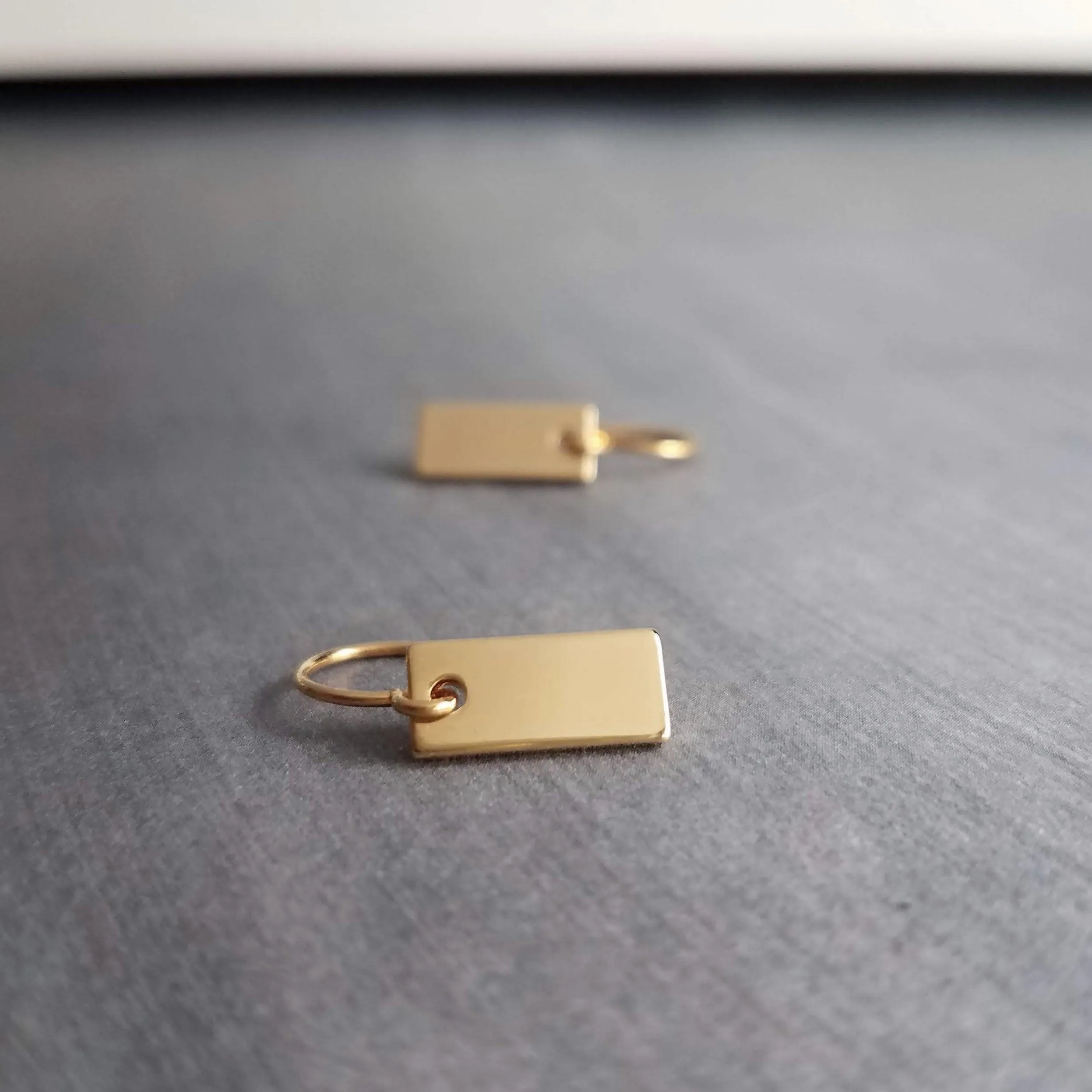 Gold Tag Earrings, small gold rectangle tag, gold bar earring, 14K SOLID GOLD hook opt, small bar earring, flat gold bar dainty