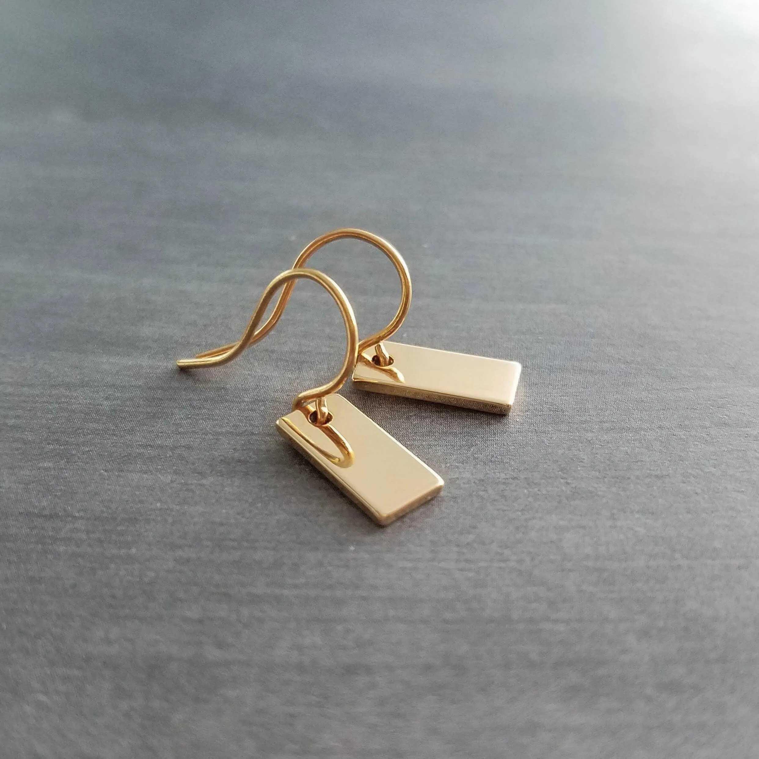 Gold Tag Earrings, small gold rectangle tag, gold bar earring, 14K SOLID GOLD hook opt, small bar earring, flat gold bar dainty