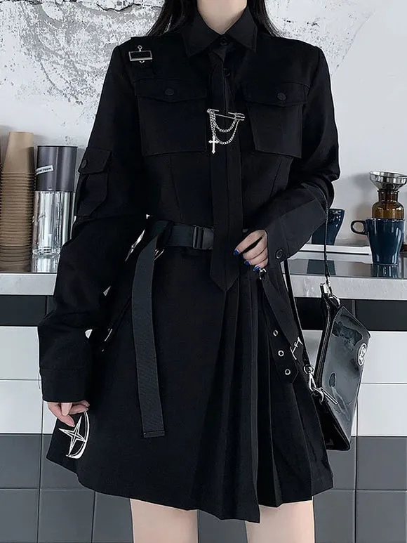 Gothic Lolita Outfits Black Metallic Grommets Chains Long Sleeves Shirt Long Skirt 2-Piece Set