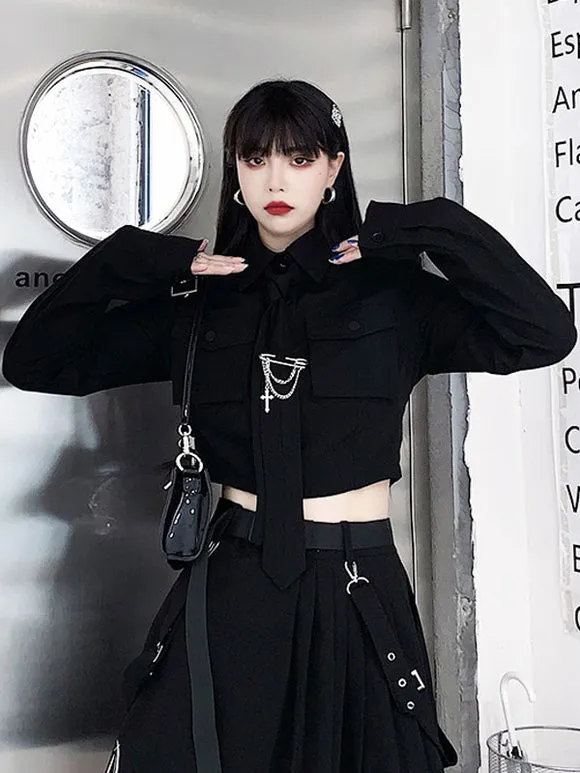 Gothic Lolita Outfits Black Metallic Grommets Chains Long Sleeves Shirt Long Skirt 2-Piece Set