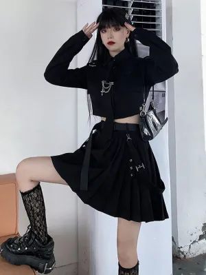 Gothic Lolita Outfits Black Metallic Grommets Chains Long Sleeves Shirt Long Skirt 2-Piece Set