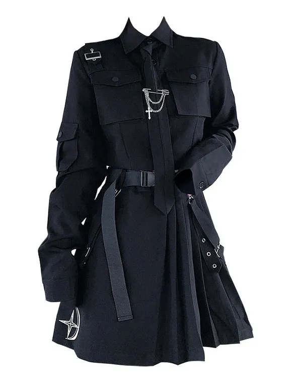 Gothic Lolita Outfits Black Metallic Grommets Chains Long Sleeves Shirt Long Skirt 2-Piece Set