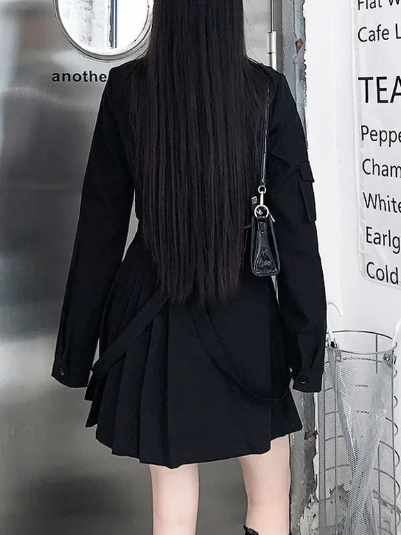 Gothic Lolita Outfits Black Metallic Grommets Chains Long Sleeves Shirt Long Skirt 2-Piece Set