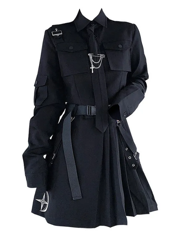 Gothic Lolita Outfits Black Metallic Grommets Chains Long Sleeves Shirt Long Skirt 2-Piece Set