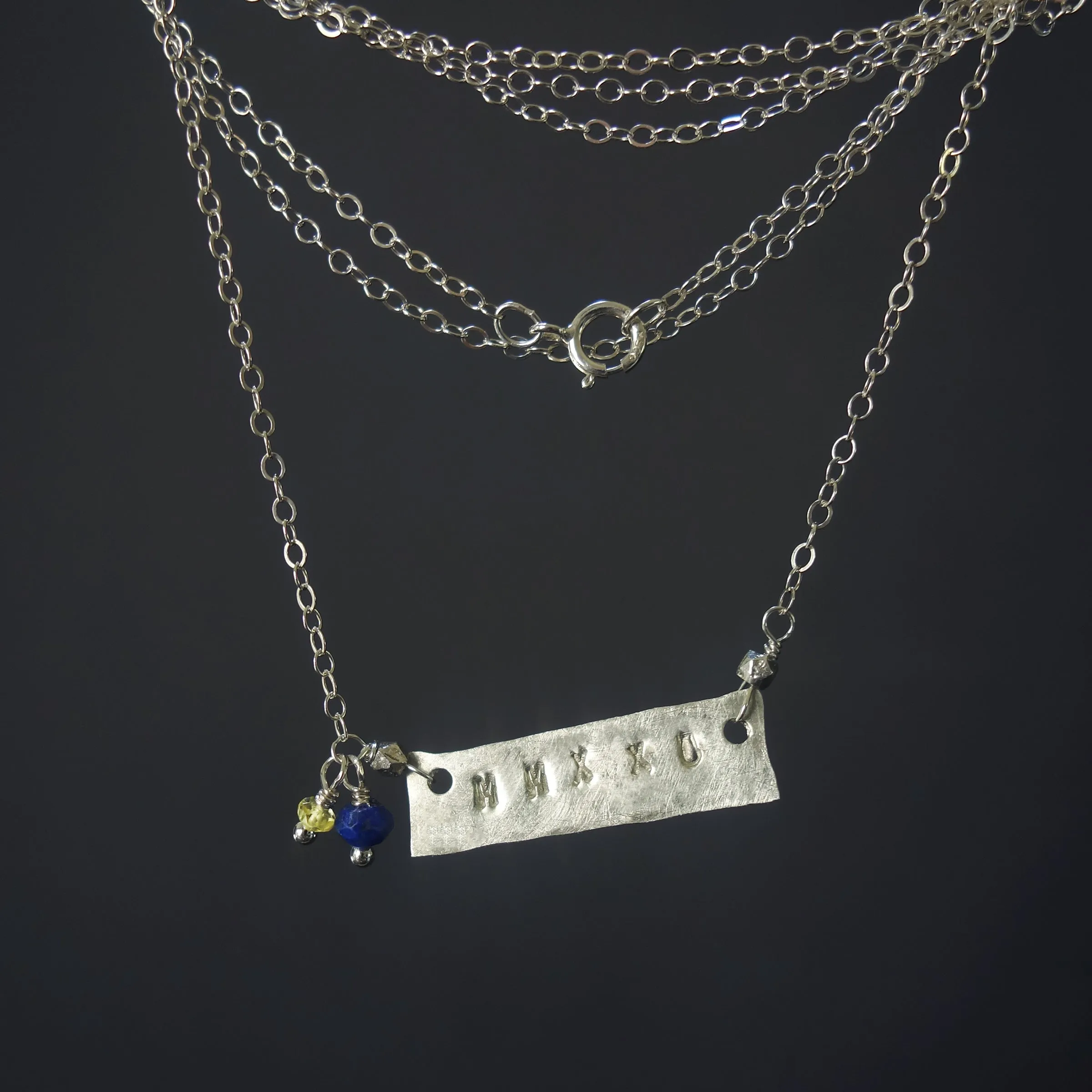 Hand hammered silver with your school colors necklace SMALL block letters