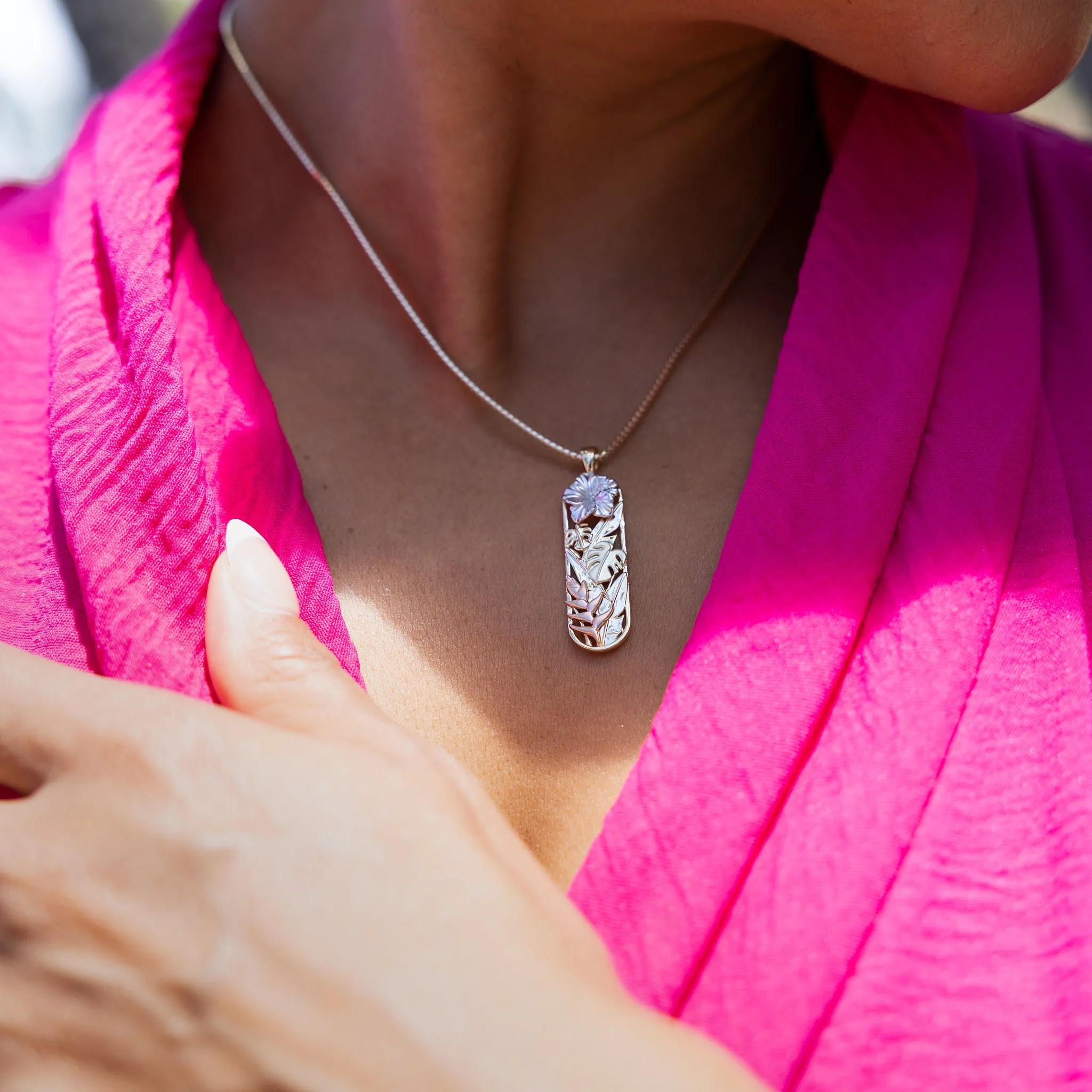 Hawaiian Gardens Hibiscus Pendant in Four Tone Gold with Diamonds - 32mm